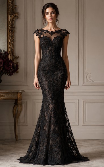 Mermaid Lace Evening Dress with High Neck, Short Sleeve and Lace Appliques, Floor Length