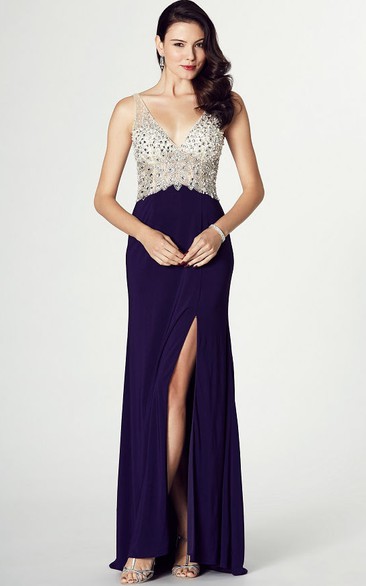 V-Neck Sleeveless Beaded Jersey Prom Dress