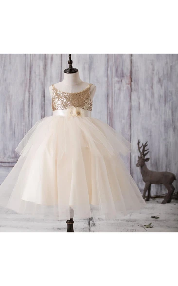 Scoop Neck Sleeveless Layered Tulle Ball Gown With Sequins and Floral Sash