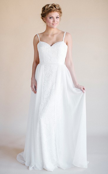 Sheath Long Sleeveless Spaghetti Lace Wedding Dress