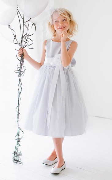Tea-Length Tiered Tulle&Satin Flower Girl Dress