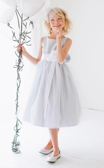 Tea-Length Tiered Tulle&Satin Flower Girl Dress