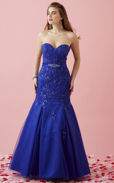 Mermaid Long Sweetheart Satin Lace-Up Dress With Appliques And Waist Jewellery