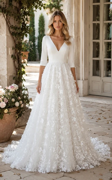 Vestido de novia blanco de corte A con escote en V y mangas largas y encaje