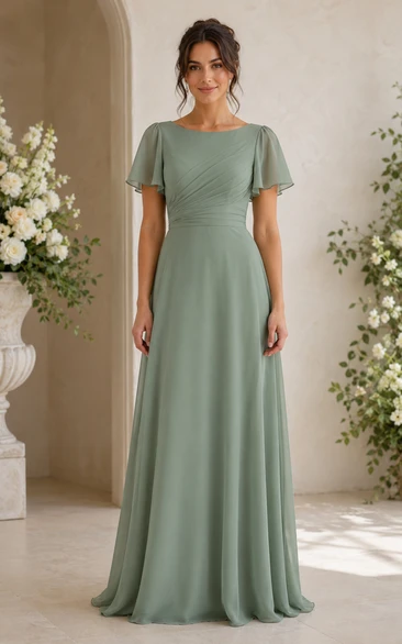 Sage Jewel Neck Flutter Sleeve Chiffon A-Line Bridesmaid Dress
