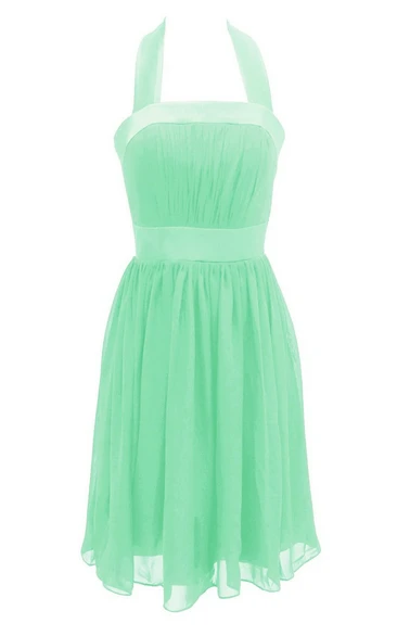 Halter Pleated Chiffon A-line Gown With Satin Band