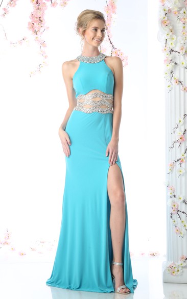 Sheath Jewel-Neck Sleeveless Jersey Zipper Dress With Split Front And Beading