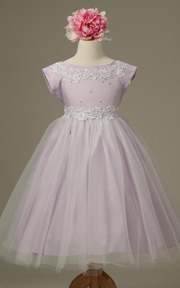 Tea-Length Cap-Sleeve Appliqued Tulle&Lace Flower Girl Dress