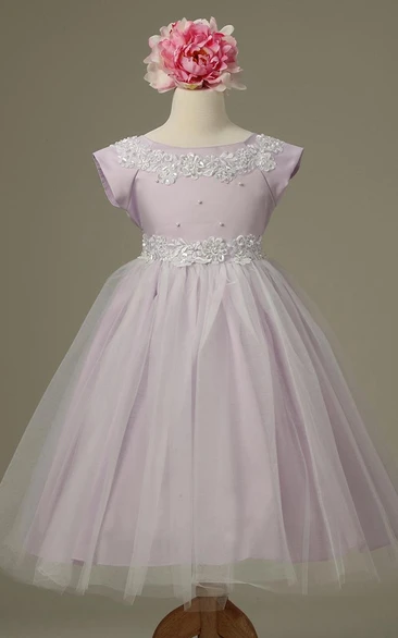 Tea-Length Cap-Sleeve Appliqued Tulle&Lace Flower Girl Dress