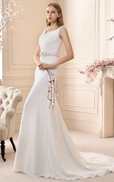 Sheath Long Floral Cowl-Neck Sleeveless Chiffon Wedding Dress With Beading