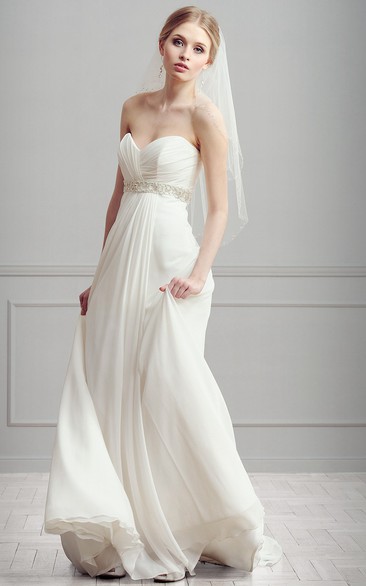 Sweetheart Long Criss-Cross Empire Sleeveless Chiffon Wedding Dress With Waist Jewellery