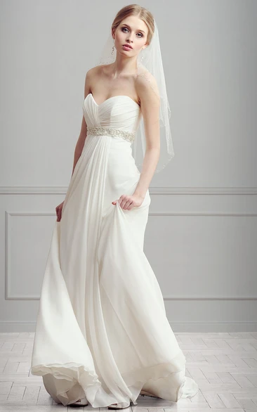 Sweetheart Long Criss-Cross Empire Sleeveless Chiffon Wedding Dress With Waist Jewellery