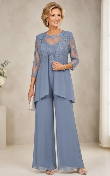 Steel Blue Lace Jacket Mother Pantsuit Steel Blue Scoop Jewel Jumpsuit Ankle-length