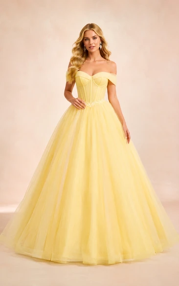 Daffodil Off-the-Shoulder Tulle Ball Gown with Sweetheart Corset Bodice