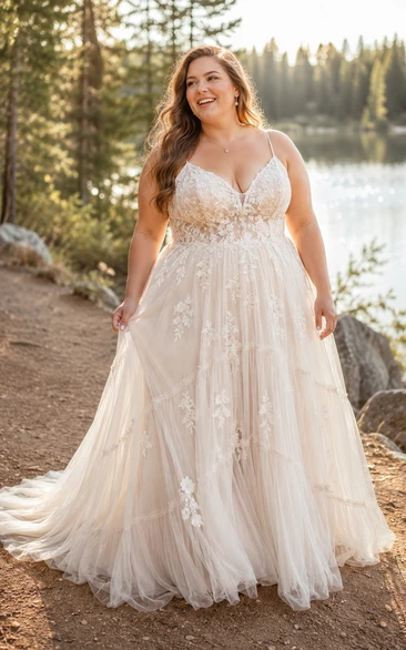 Plus Size Spaghetti-Träger-Brautkleid in A-Linie aus Spitze mit Schleppe