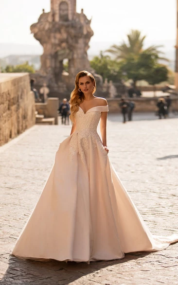Satin Off-the-shoulder A-line Empire Lace Wedding Dress