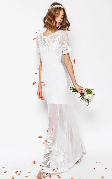 Sheath Short-Sleeve Scoop-Neck Long Tulle Wedding Dress With Embroidery And V Back