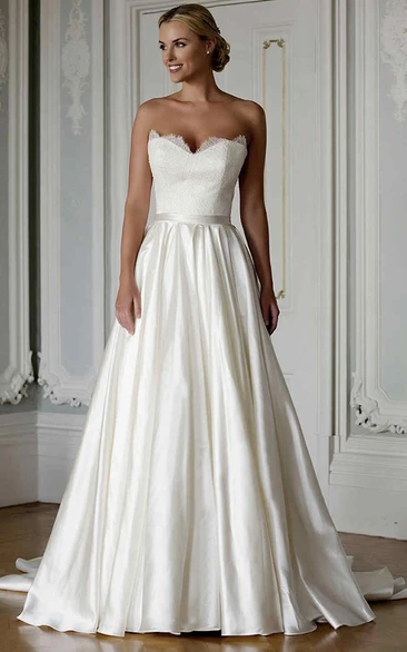 A-Line Sweetheart Floor-Length Satin Wedding Dress With Appliques And V Back