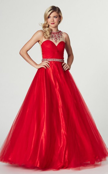 A-Line Maxi High Neck Sleeveless Ruched Tulle Prom Dress