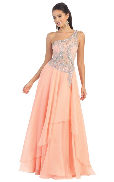 A-Line One-Shoulder Sleeveless Chiffon Illusion Dress With Beading And Draping