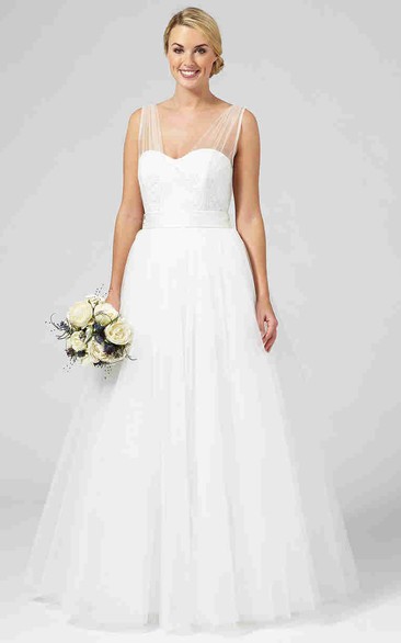 A-Line Strapped Sleeveless Bowed Floor-Length Tulle Wedding Dress With Lace