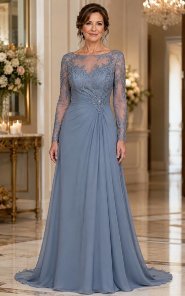 Steel Blue Illusion Long Sleeve A-Line Mother of the Bride Dress with Sweep Train