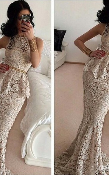 Gorgeous Full Lace Sleeveless Mermaid Evening Dresses Sweep Train Prom Gowns