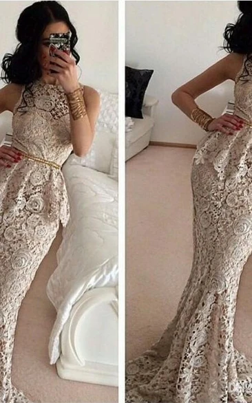 Gorgeous Full Lace Sleeveless Mermaid Evening Dresses Sweep Train Prom Gowns
