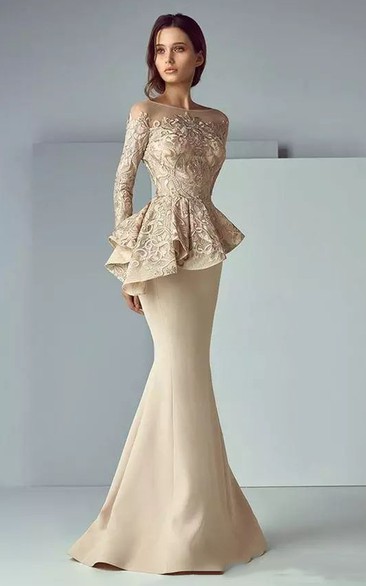 Champagne Formal Long Sleeve Peplum Gold Mother of the Bride Wedding Mermaid Evening Dress
