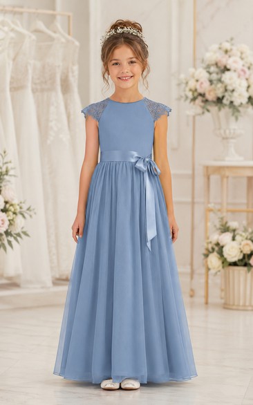 Steel Blue A-Line Tulle Flower Girl Dress with Bow Sash