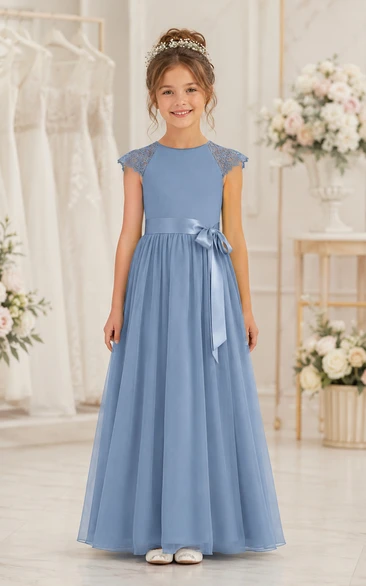 Steel Blue A-Line Tulle Flower Girl Dress with Bow Sash
