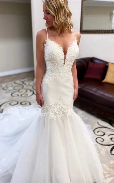 Lace Spaghetti Mermaid Sexy Tulle Wedding Dress with Court Train