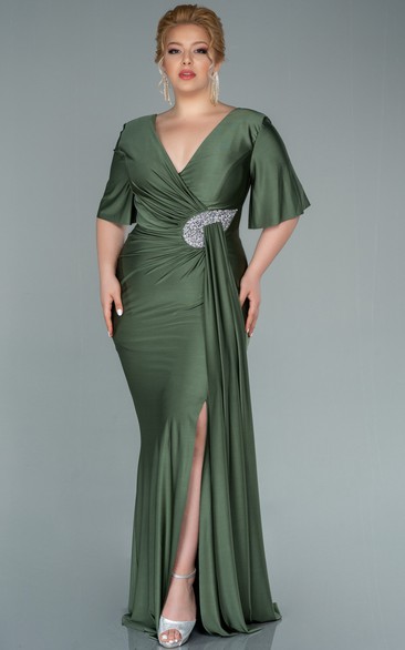 Charming V-neck Half-sleeve Sheath Mermaid Ruched Front Split Plus Size Evening Dress