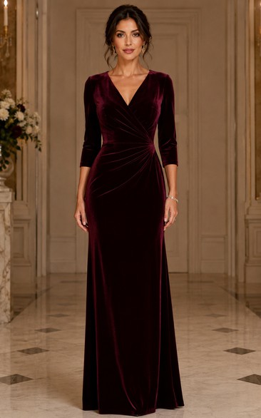 Burgundy Velvet V-neck Floor-Length Sheath Dress