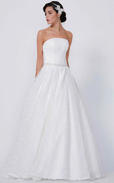 A-Line Strapless Sleeveless Floor-Length Jeweled Lace Wedding Dress