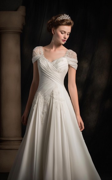 Criss-cross Cap Chiffon Empire Applique A-line Wedding Dress