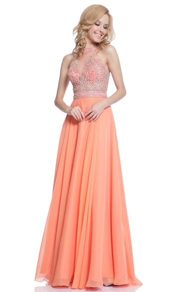 A-Line Jewel-Neck Sleeveless Chiffon Low-V Back Dress With Beading And Pleats
