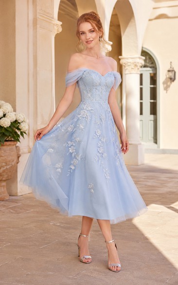 Sky Blue Tea Length Off Shoulder Tulle A-Line Dress with Appliques for Bridesmaids Wedding Guests and Formal Receptions
