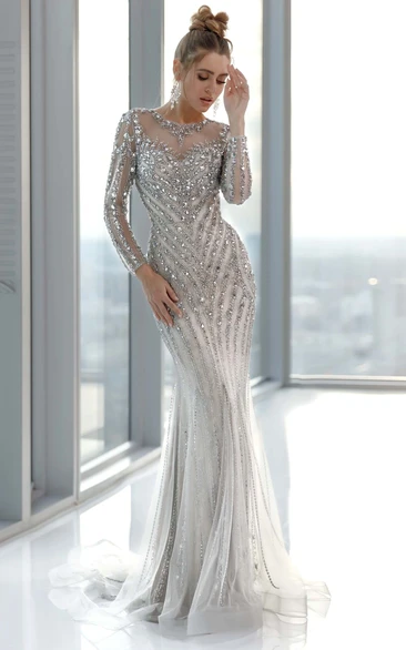 Sophisticated Illusion Jewel-neck Long Sleeve Mermaid Prom Dress with Crystal Detailings