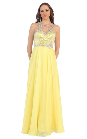 A-Line Long Jewel-Neck Sleeveless Chiffon Illusion Dress With Beading And Sequins