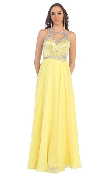 A-Line Long Jewel-Neck Sleeveless Chiffon Illusion Dress With Beading And Sequins