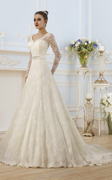 A-Line Floor-Length V-Neck Illusion-Sleeve Corset-Back Lace Dress With Appliques
