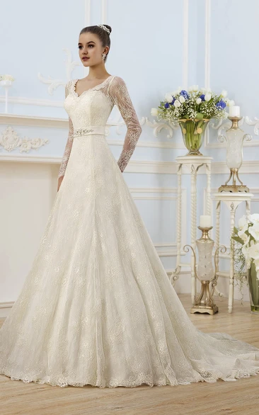 A-Line Floor-Length V-Neck Illusion-Sleeve Corset-Back Lace Dress With Appliques