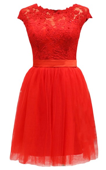 Lace Bodice Dress With Satin Belt and Tulle Skirt