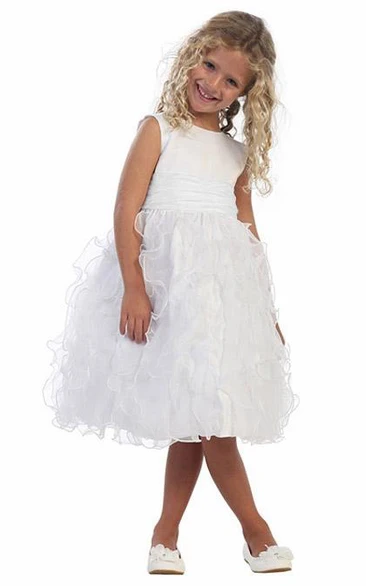 Tea-Length Sleeveless Ruched Organza&Satin Flower Girl Dress