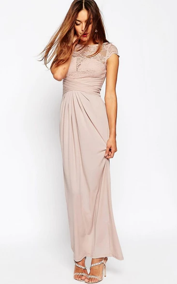 Sheath Cap-Sleeve Splited Scoop-Neck Ankle-Length Chiffon Bridesmaid Dress With Illusion