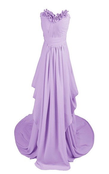 Floral Drapped Chiffon A-line Gown With Chapel Train