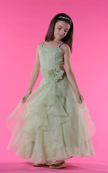 Flower Girl Pearl Square Neck Split Tiered Organza Gown With Waist Flower