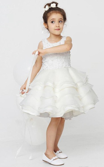 Flower Girl Scoop Layered Organza Mini Dress With Appliqued Top