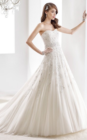 Strapless A-line Appliques Wedding Gown with Brush Train and Crystal Waist